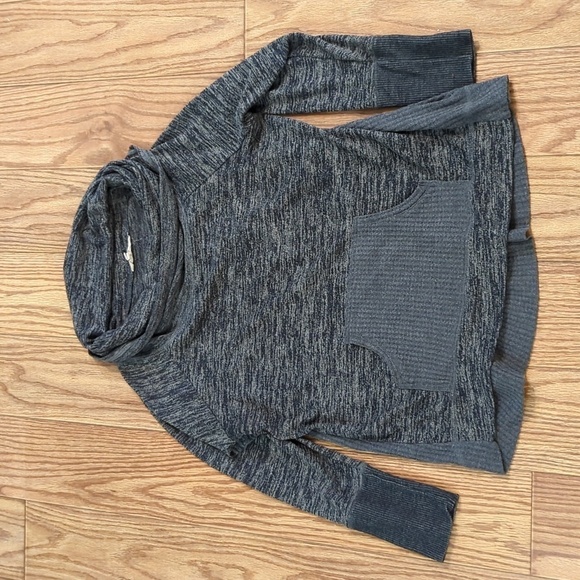 Cowl neck gray sweater w/ kangaroo pocket + waffle-knit back,Soft Surroundings L - Picture 1 of 5